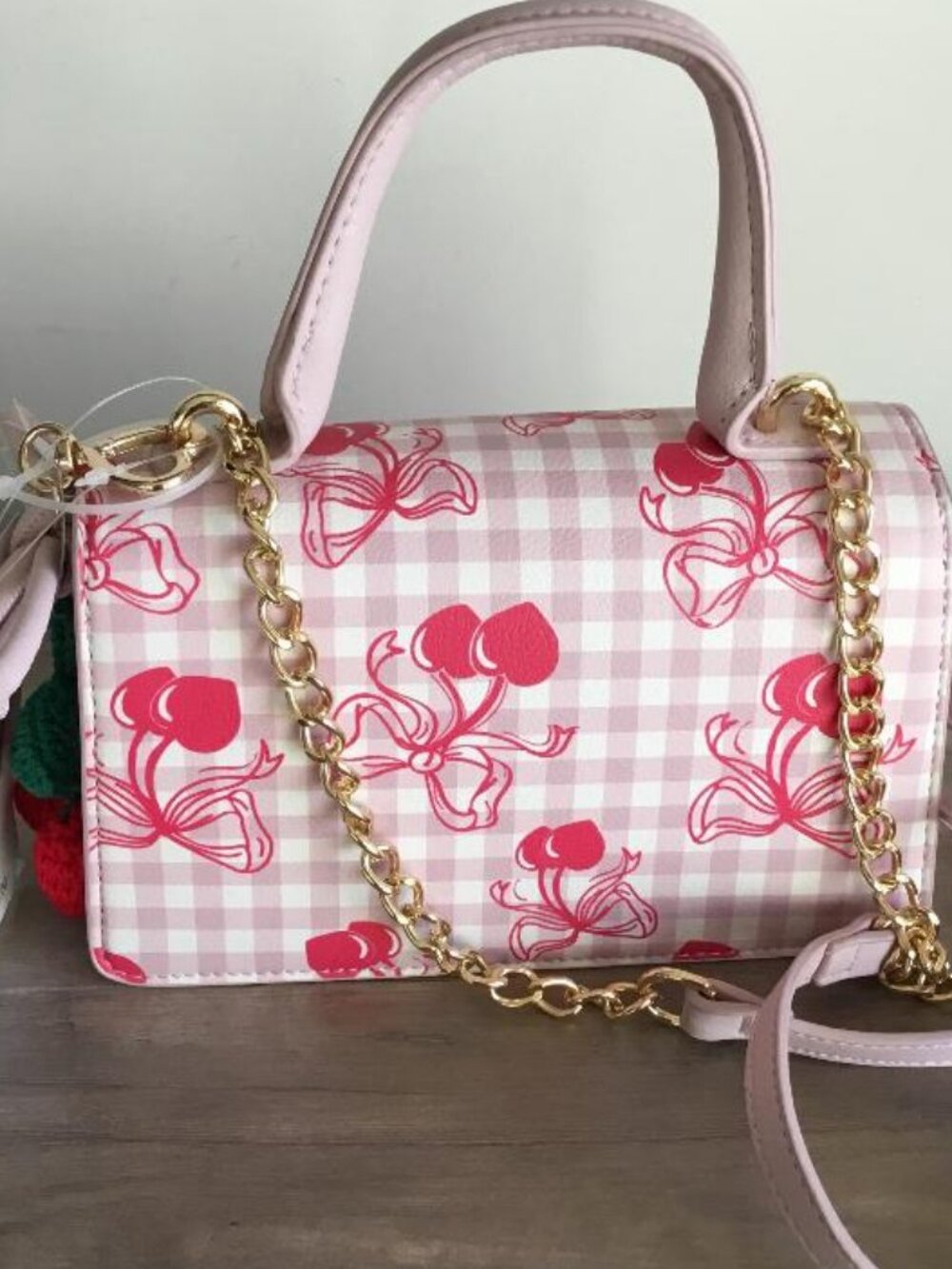 “Luv Betsey” Betsey Johnson Cherry Gingham Satchel Crossbody Handbag w/Cherries - Picture 3 of 8